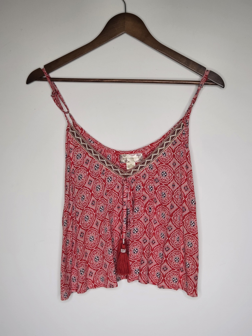 B•O•G Collective Red Boho Medallion Print Embroidered Cami Tank Top Size M